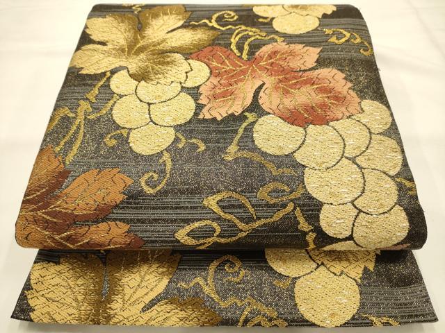 平和屋着物●六通柄袋帯　唐織　葡萄蔦の葉文　金糸　正絹　逸品　AABJ2167sx