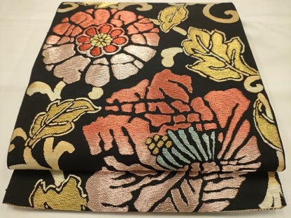 平和屋着物●六通柄　本袋帯　牡丹文万暦　黒地　金糸　正絹　逸品　AABJ2168sx