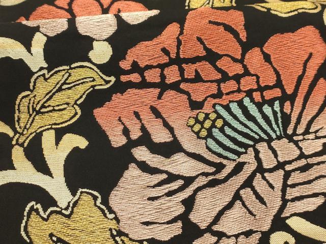 平和屋着物●六通柄　本袋帯　牡丹文万暦　黒地　金糸　正絹　逸品　AABJ2168sx