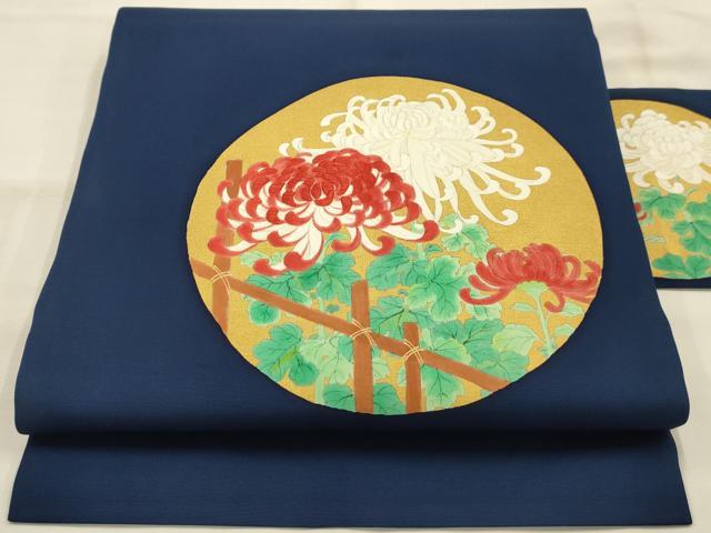 平和屋着物●塩瀬　九寸名古屋帯　手描き　刺繍　乱菊　金彩　正絹　逸品　AABJ2171sx