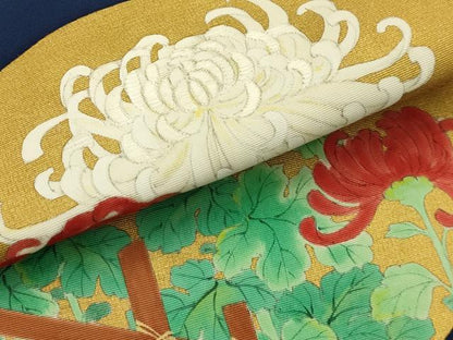 平和屋着物●塩瀬　九寸名古屋帯　手描き　刺繍　乱菊　金彩　正絹　逸品　AABJ2171sx