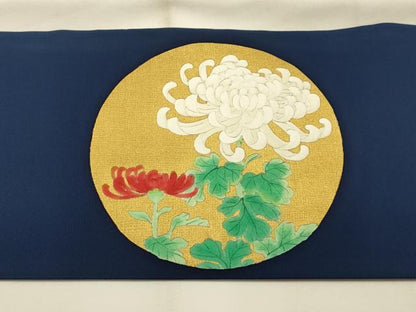 平和屋着物●塩瀬　九寸名古屋帯　手描き　刺繍　乱菊　金彩　正絹　逸品　AABJ2171sx