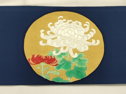 平和屋着物●塩瀬　九寸名古屋帯　手描き　刺繍　乱菊　金彩　正絹　逸品　AABJ2171sx