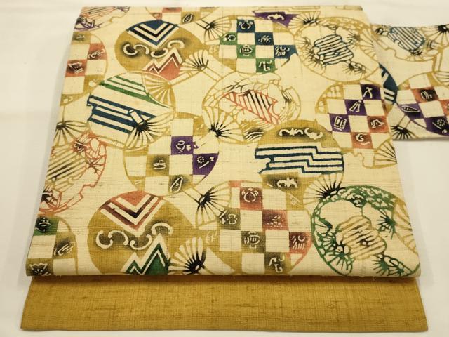 平和屋着物●全通柄九寸名古屋帯　紬地　型染め　うちわ　正絹　逸品　AABJ2188sx