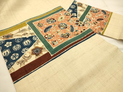 平和屋着物●九寸名古屋帯　紬地　型染め　更紗花文　正絹　逸品　AABJ2190sx