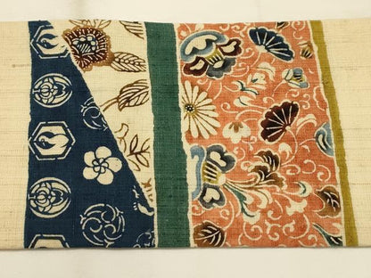 平和屋着物●九寸名古屋帯　紬地　型染め　更紗花文　正絹　逸品　AABJ2190sx