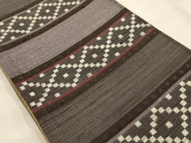 平和屋着物●両面半幅帯　紬地　花織　網目花文　正絹　逸品　AABJ2197sx
