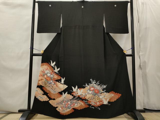 平和屋着物■豪華黒留袖　駒刺繍　飛鶴花車文　金彩　正絹　逸品　AABJ2211st