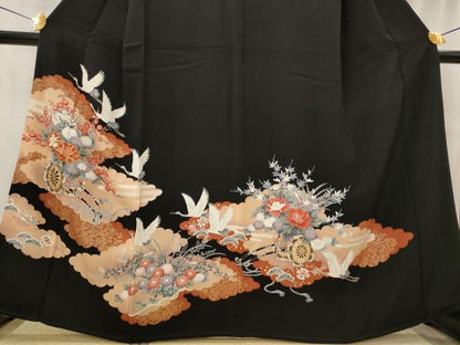 平和屋着物■豪華黒留袖　駒刺繍　飛鶴花車文　金彩　正絹　逸品　AABJ2211st