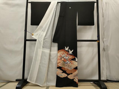 平和屋着物■豪華黒留袖　駒刺繍　飛鶴花車文　金彩　正絹　逸品　AABJ2211st