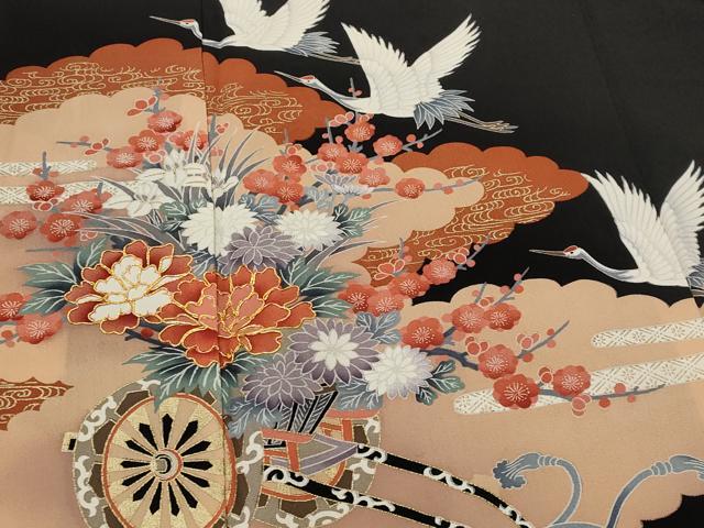 平和屋着物■豪華黒留袖　駒刺繍　飛鶴花車文　金彩　正絹　逸品　AABJ2211st