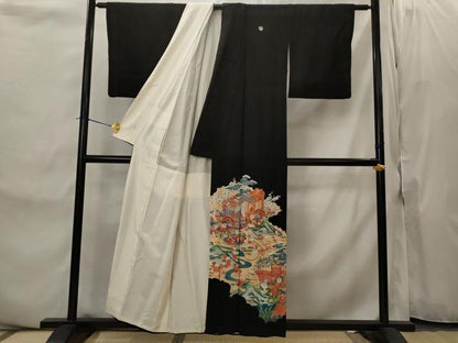 平和屋着物■豪華黒留袖　駒刺繍　御所車花松文　正絹　逸品　AABJ2212st