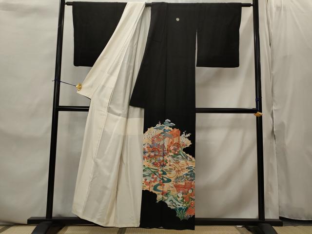平和屋着物■豪華黒留袖　駒刺繍　御所車花松文　正絹　逸品　AABJ2212st