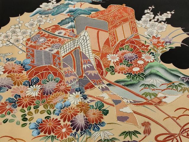 平和屋着物■豪華黒留袖　駒刺繍　御所車花松文　正絹　逸品　AABJ2212st