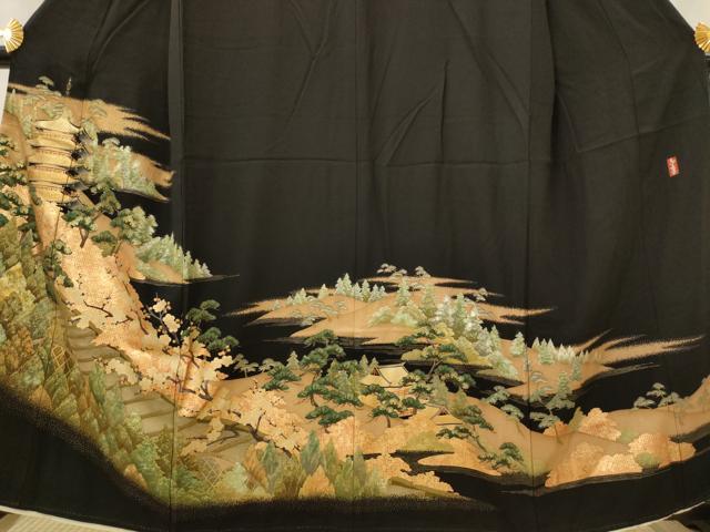 平和屋着物■豪華黒留袖　作家物　風景松文　金彩　正絹　逸品　AABJ2214st
