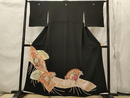 平和屋着物■豪華黒留袖　駒刺繍　扇面花鳥文　金彩　正絹　逸品　AABJ2219st