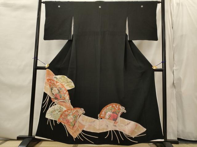 平和屋着物■豪華黒留袖　駒刺繍　扇面花鳥文　金彩　正絹　逸品　AABJ2219st
