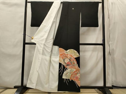 平和屋着物■豪華黒留袖　駒刺繍　扇面花鳥文　金彩　正絹　逸品　AABJ2219st