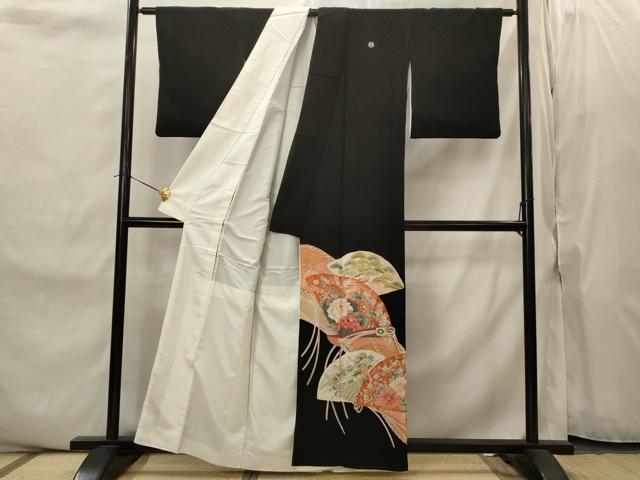平和屋着物■豪華黒留袖　駒刺繍　扇面花鳥文　金彩　正絹　逸品　AABJ2219st