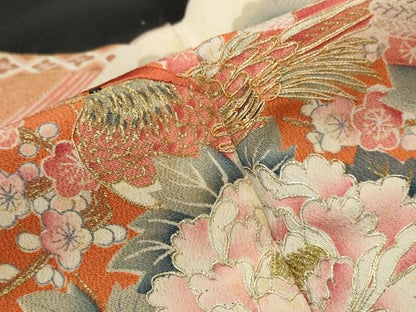 平和屋着物■豪華黒留袖　駒刺繍　扇面花鳥文　金彩　正絹　逸品　AABJ2219st