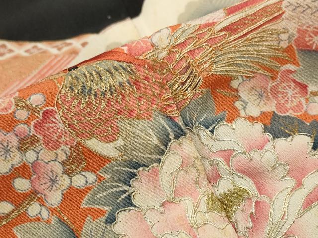 平和屋着物■豪華黒留袖　駒刺繍　扇面花鳥文　金彩　正絹　逸品　AABJ2219st