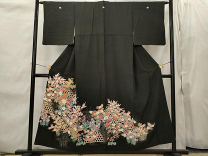 平和屋着物■豪華黒留袖　友禅　草花文　正絹　逸品　AABJ2223st