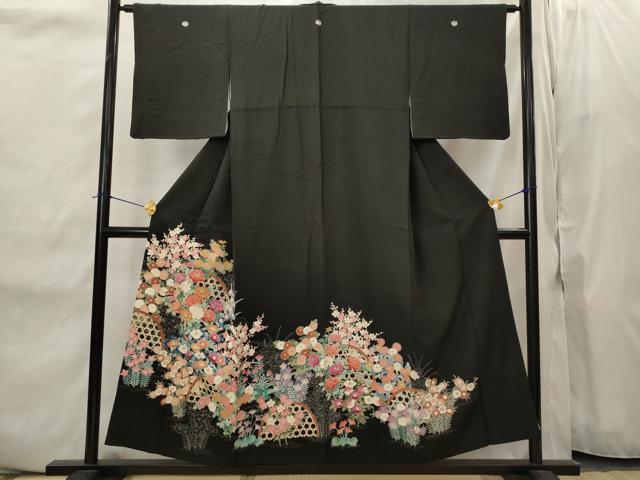 平和屋着物■豪華黒留袖　友禅　草花文　正絹　逸品　AABJ2223st