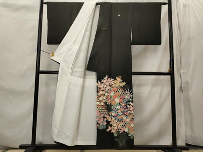 平和屋着物■豪華黒留袖　友禅　草花文　正絹　逸品　AABJ2223st
