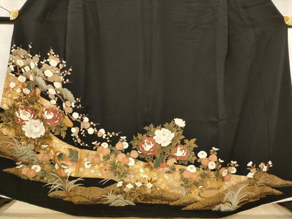 平和屋着物■豪華黒留袖　駒刺繍　花鳥文　金銀彩　正絹　逸品　AABJ2319st