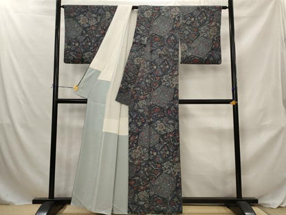 平和屋着物■上質な小紋　切嵌更紗花文　鬼しぼ縮緬　正絹　逸品　AABJ2376st