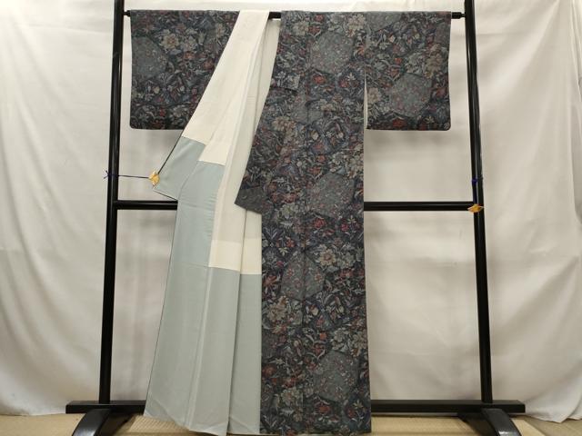 平和屋着物■上質な小紋　切嵌更紗花文　鬼しぼ縮緬　正絹　逸品　AABJ2376st
