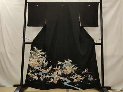 平和屋着物■豪華黒留袖　風景花松文　正絹　逸品　AABJ2383st