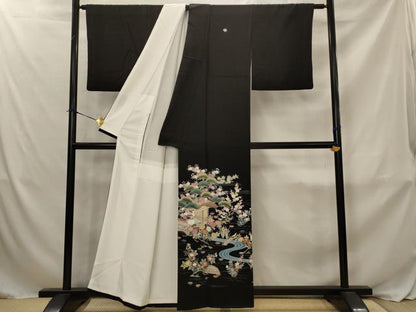 平和屋着物■豪華黒留袖　風景花松文　正絹　逸品　AABJ2383st