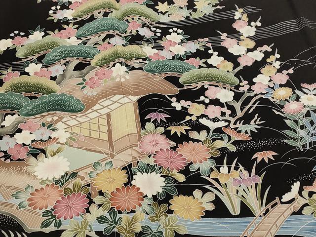 平和屋着物■豪華黒留袖　風景花松文　正絹　逸品　AABJ2383st