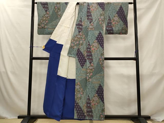 平和屋着物■上質な小紋　切嵌更紗花文　正絹　逸品　AABJ2390st