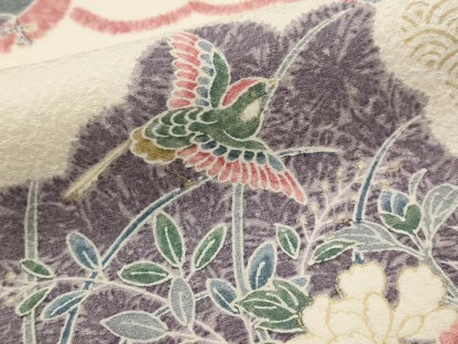 平和屋着物■上質な小紋　雲取り花鳥文　金彩　丹後ちりめん　反端付き　正絹　逸品　AABJ2396st