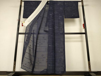 平和屋着物＊夏物　小紋　紗　幾何学文様　銀糸　正絹　逸品　AABJ2430jd
