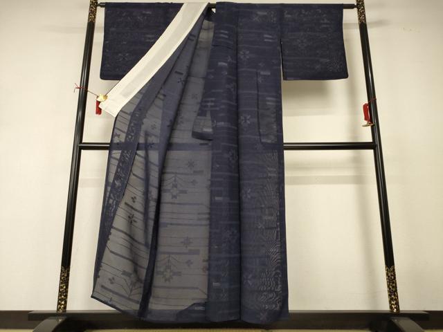 平和屋着物＊夏物　小紋　紗　幾何学文様　銀糸　正絹　逸品　AABJ2430jd