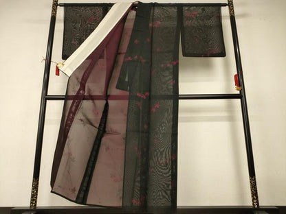 平和屋着物＊夏物　小紋　紗　枝花文　正絹　逸品　AABJ2436jd