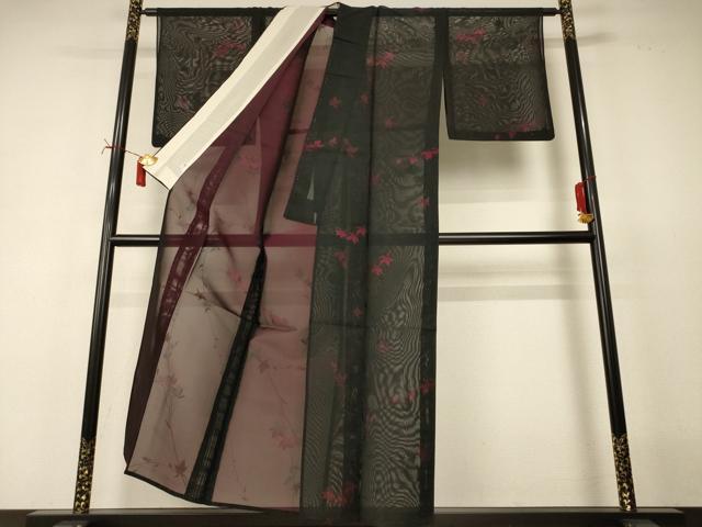 平和屋着物＊夏物　小紋　紗　枝花文　正絹　逸品　AABJ2436jd