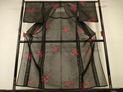 平和屋着物＊夏物　小紋　紗　草花文　黒地　正絹　逸品　AABJ2462jd