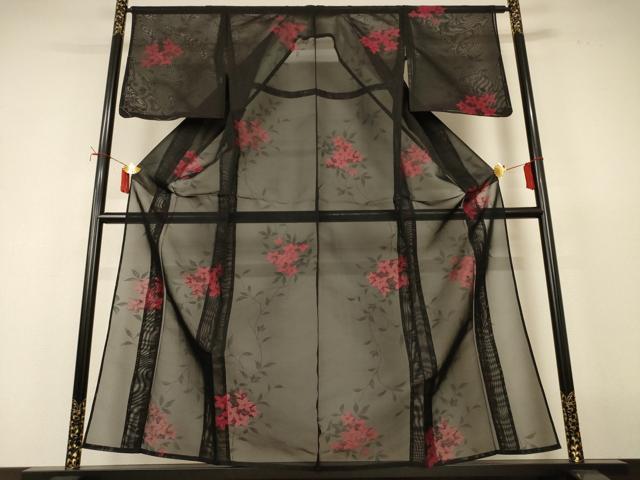 平和屋着物＊夏物　小紋　紗　草花文　黒地　正絹　逸品　AABJ2462jd