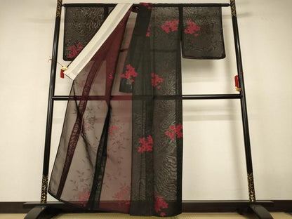 平和屋着物＊夏物　小紋　紗　草花文　黒地　正絹　逸品　AABJ2462jd