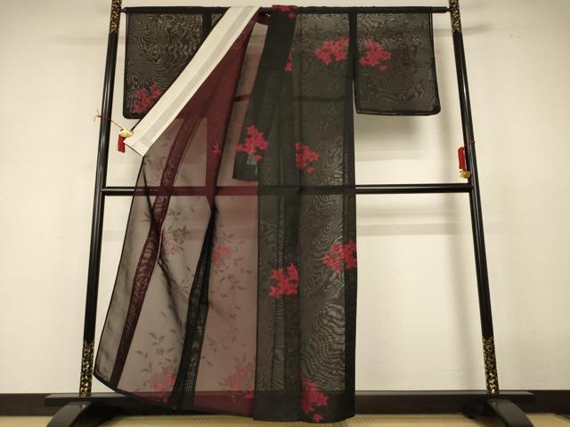 平和屋着物＊夏物　小紋　紗　草花文　黒地　正絹　逸品　AABJ2462jd
