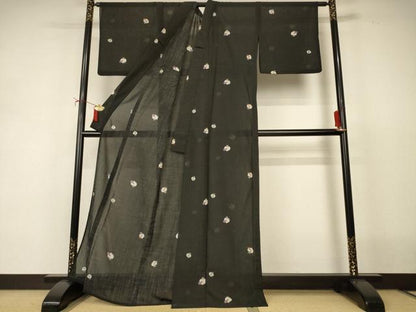 平和屋着物＊夏物　小紋　紗　成り物　黒地　洗える着物　AABJ2471jd