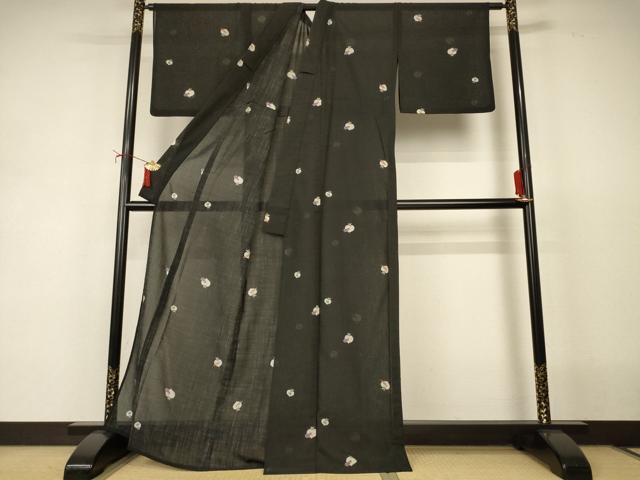 平和屋着物＊夏物　小紋　紗　成り物　黒地　洗える着物　AABJ2471jd