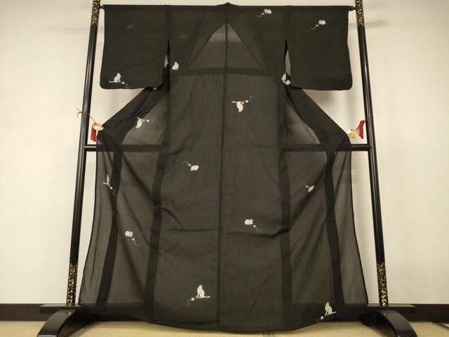 平和屋着物＊夏物　小紋　紗　猫　黒地　正絹　逸品　AABJ2482jd