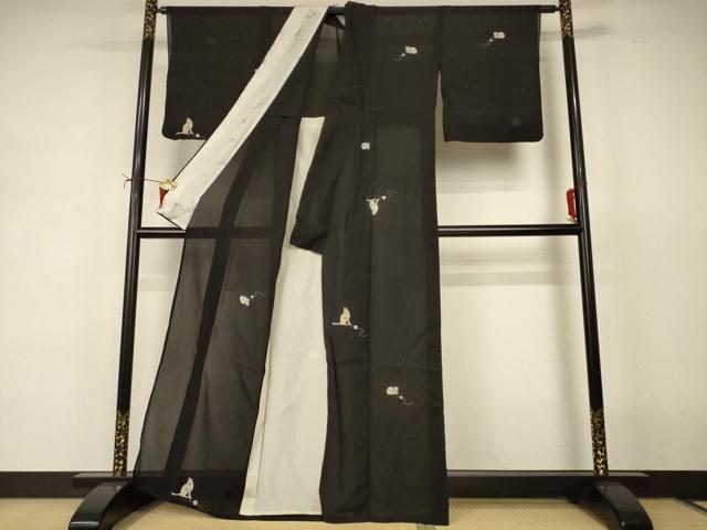 平和屋着物＊夏物　小紋　紗　猫　黒地　正絹　逸品　AABJ2482jd