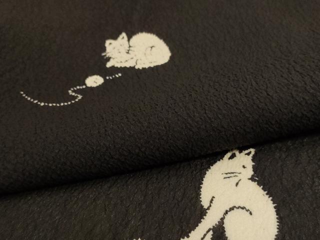 平和屋着物＊夏物　小紋　紗　猫　黒地　正絹　逸品　AABJ2482jd