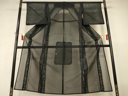 平和屋着物＊夏物　小紋　紗　流水舞葉文　黒地　正絹　逸品　AABJ2493jd